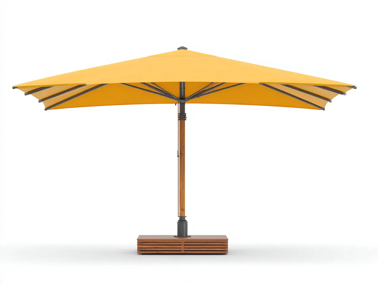 Sombrilla de terraza 300×300×255 cm – amarillo y marrón – con base de madera