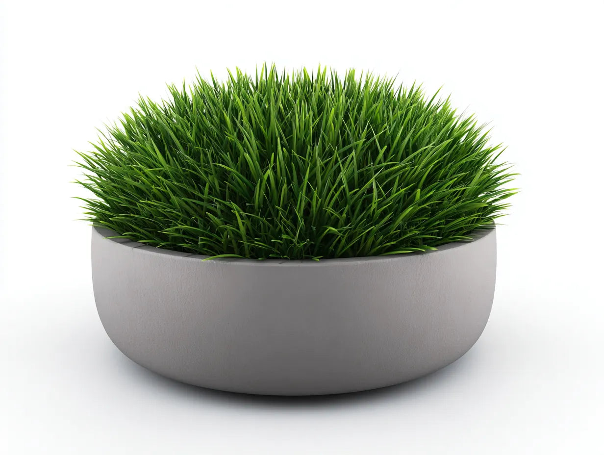 Maceta redonda 60×60×25 cm de fibra gris con césped verde para balcón estilo moderno